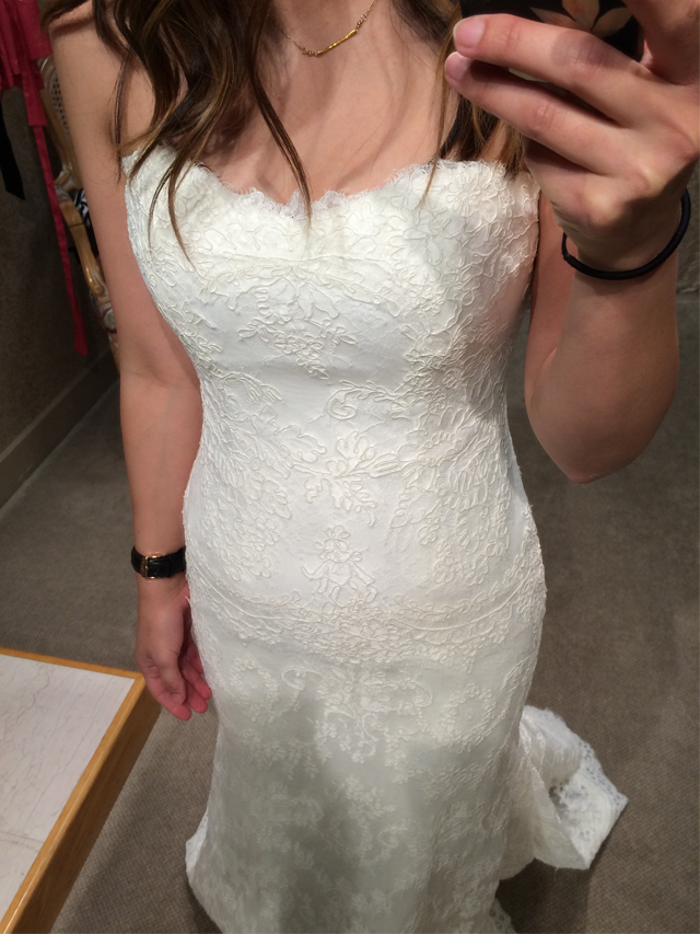 BLISS Monique Lhuillier Strapless Lace Wedding Dress details