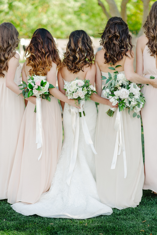 Nude and Blush floor length bridesmaid dresses