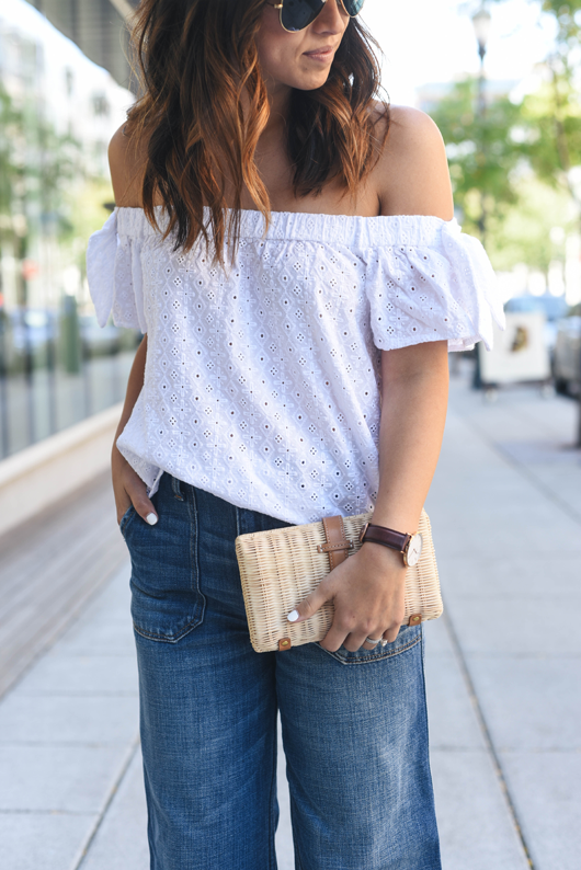 Crystalin Marie wearing Abercrombie & Fitch eyelet off the shoulder top