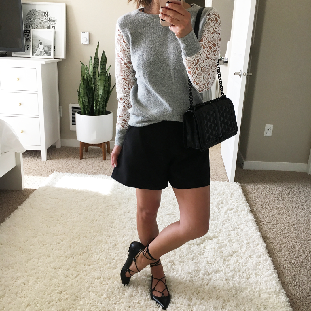 Crystalin Marie wearing Halogen Lace Detail Crewneck Sweater