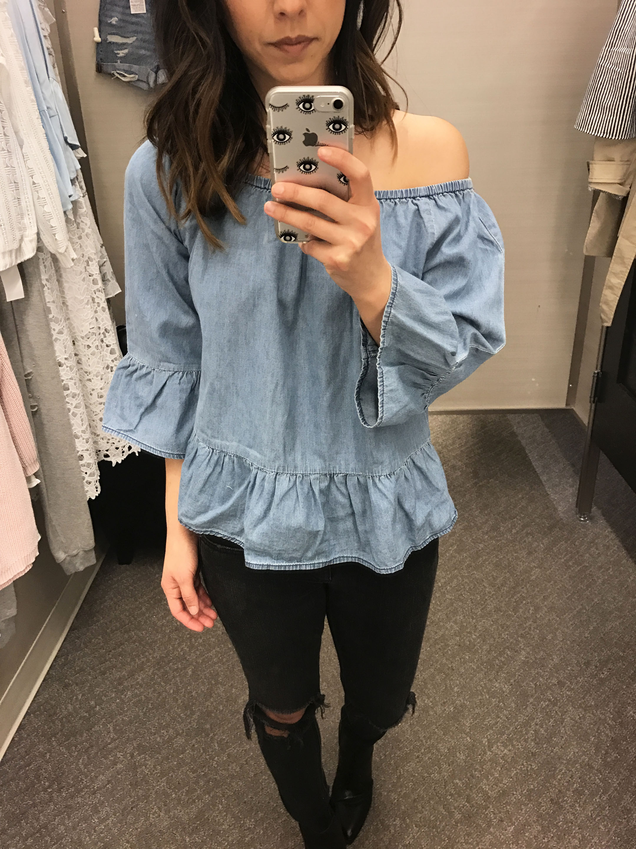cupcakes and cashmere denim off the shoulder top