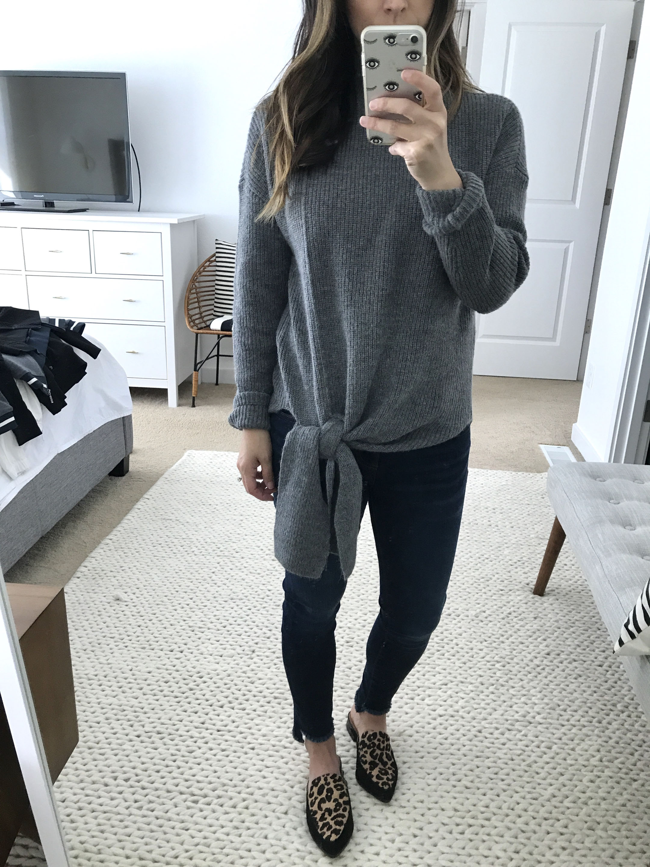 Haloge tie front sweater in gray