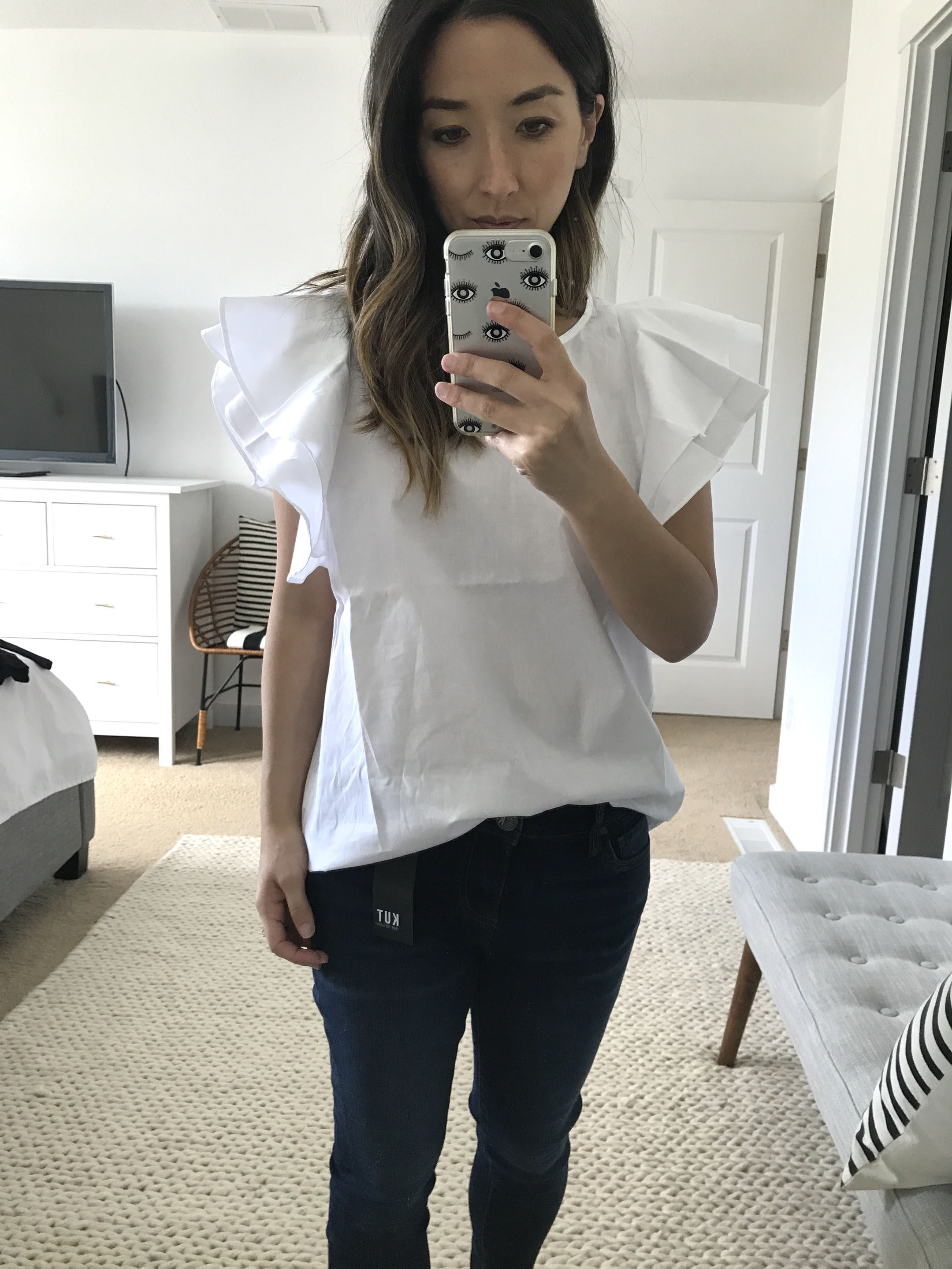 Pleione ruffle sleeve blouse in white