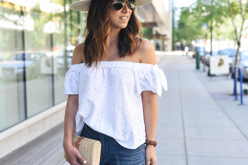 Crystalin Marie wearing eyelet off the shoulder top