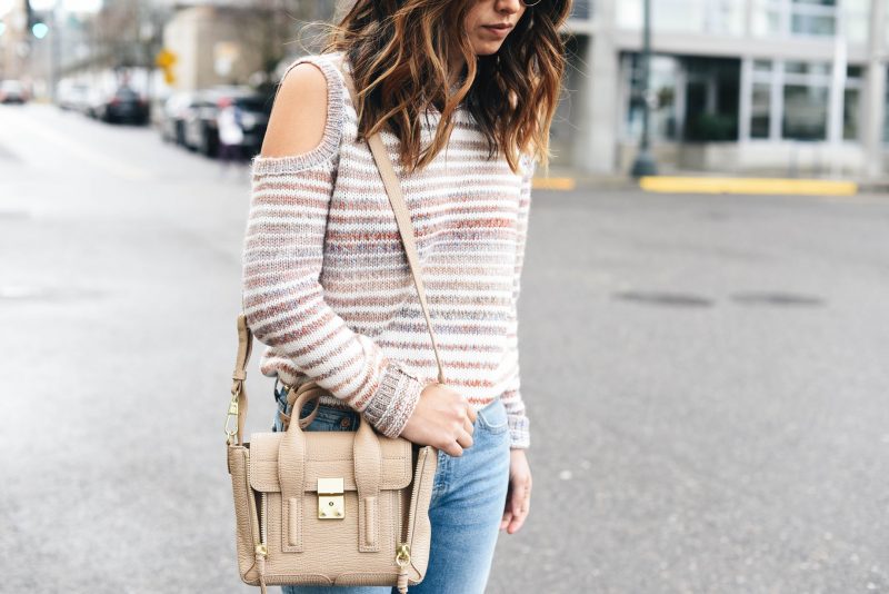 Crystalin Marie wearing Rebecca Minkoff Page Stripe Cold Shoulder Sweater