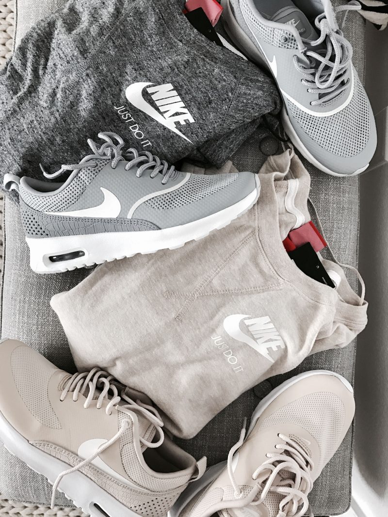 Gray and nude nike thea sneakers