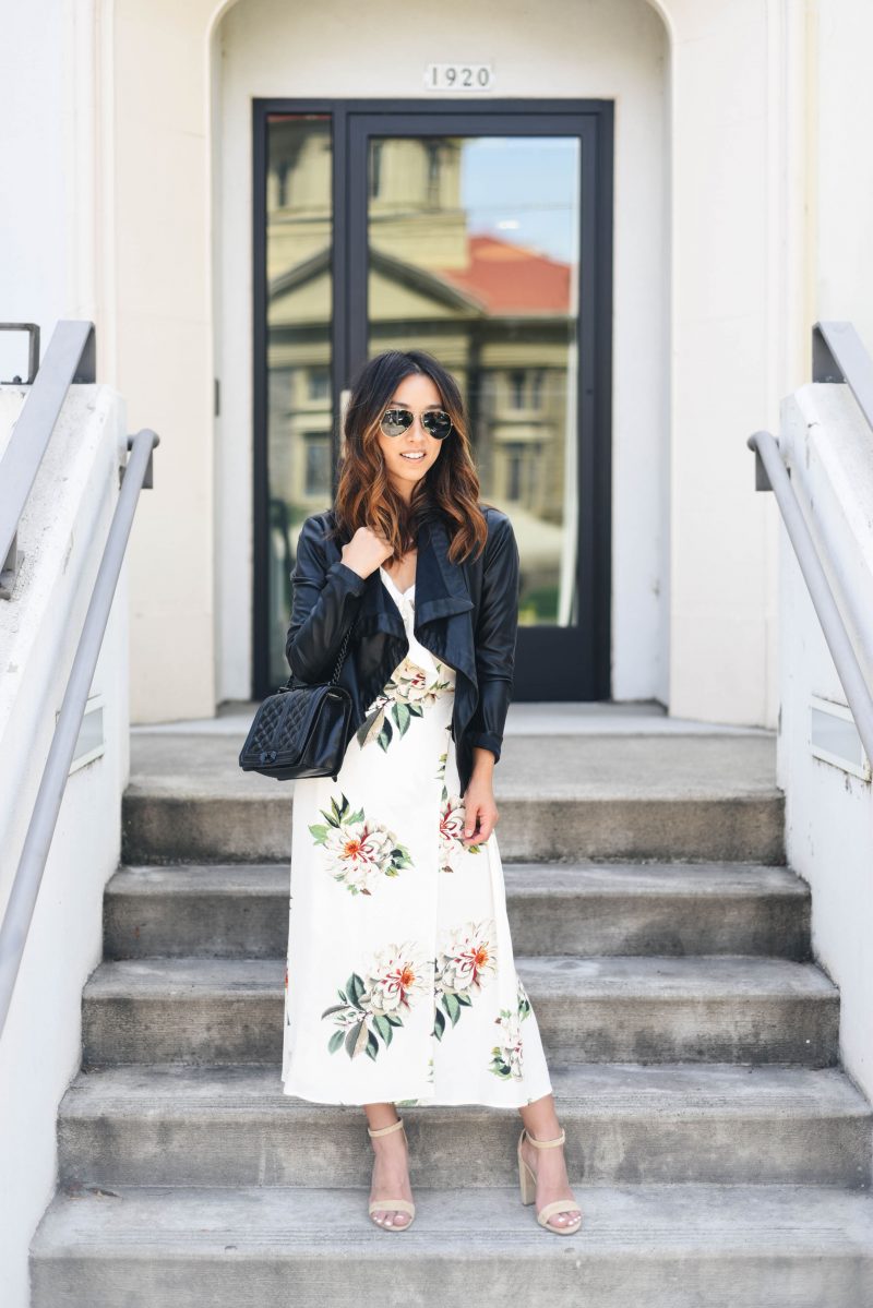 Leather jacket and floral dress
