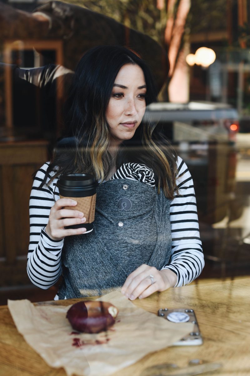 Boppy comfyfit baby carrier getting coffee